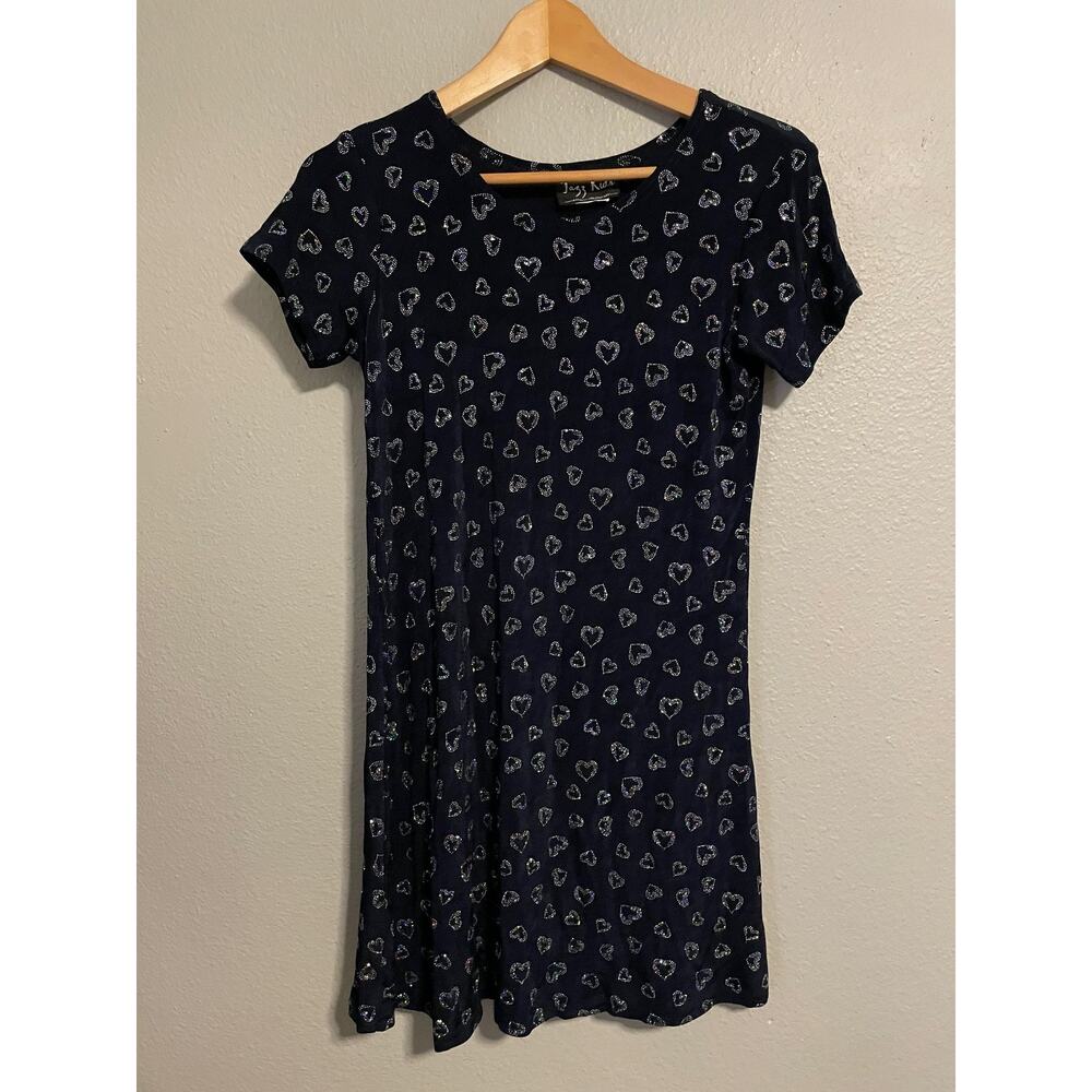 Vintage Girls Dress Large Navy Heart Print Short Sleeve Sparkle Party 90s Y2K